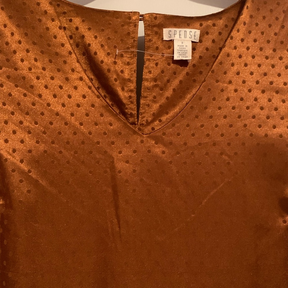 NWT Spense V Neck Ruffle Polka Dot Bronze Gold Dress Women's Size 8